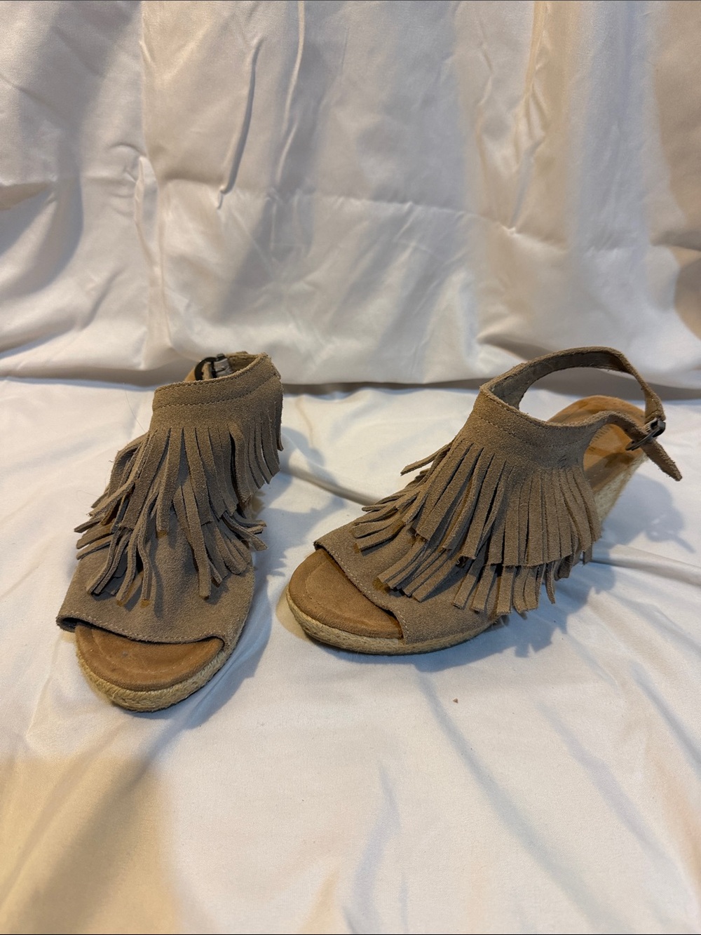Minnetonka Taupe Fringe Suede Wedge Sandals